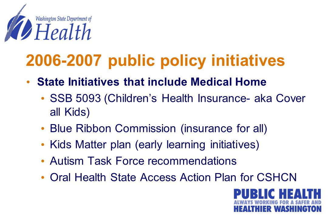 public policy initiatives State Initiatives that include Medical Home SSB 5093 (Children’s Health Insurance- aka Cover all Kids) Blue Ribbon Commission (insurance for all) Kids Matter plan (early learning initiatives) Autism Task Force recommendations Oral Health State Access Action Plan for CSHCN