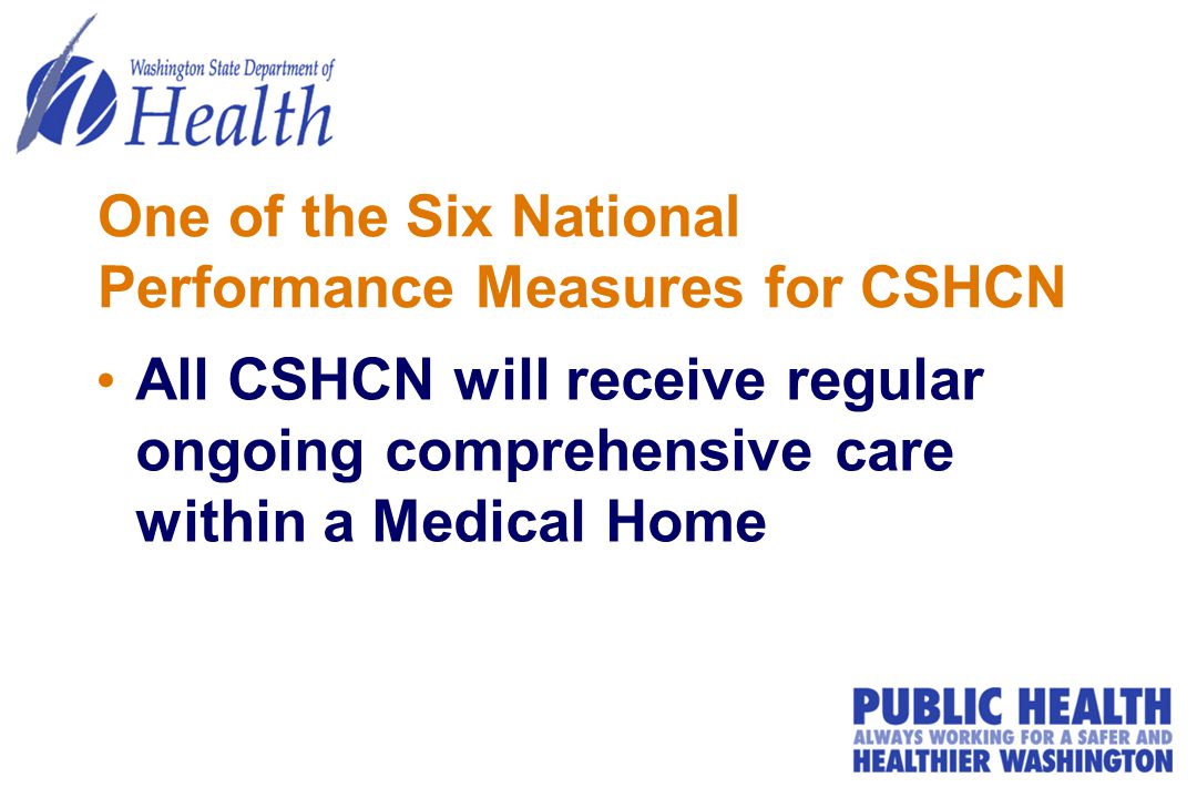 One of the Six National Performance Measures for CSHCN All CSHCN will receive regular ongoing comprehensive care within a Medical Home