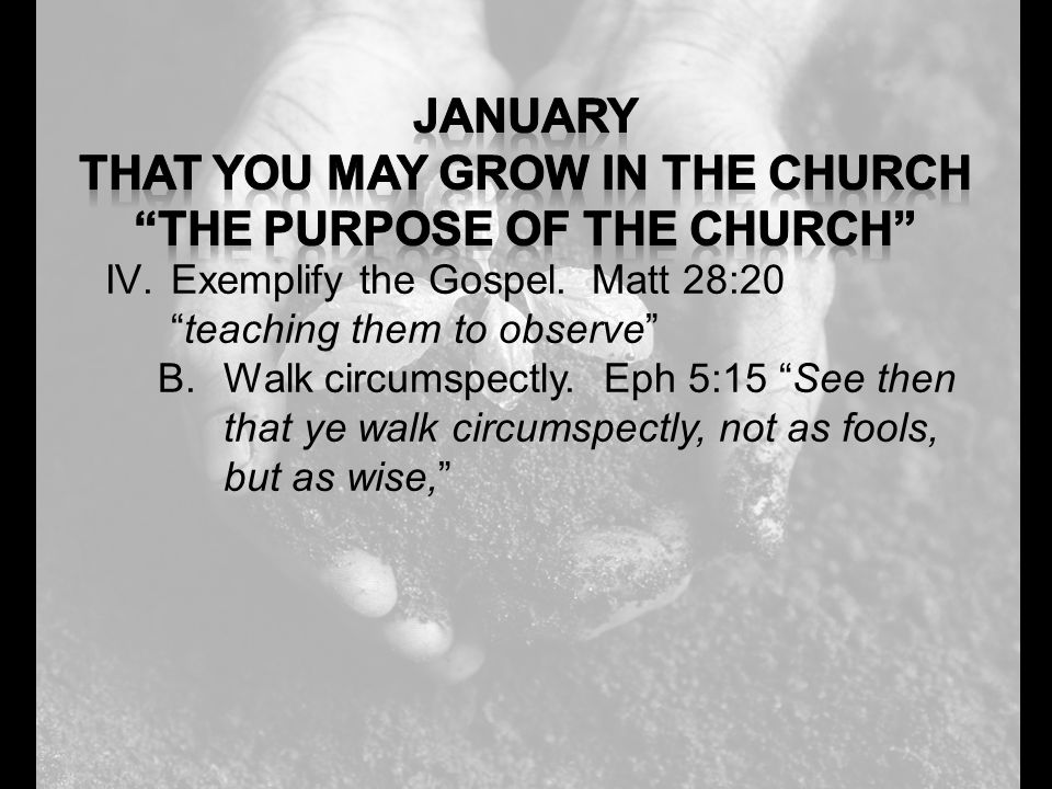 IV.Exemplify the Gospel. Matt 28:20 teaching them to observe B.Walk circumspectly.