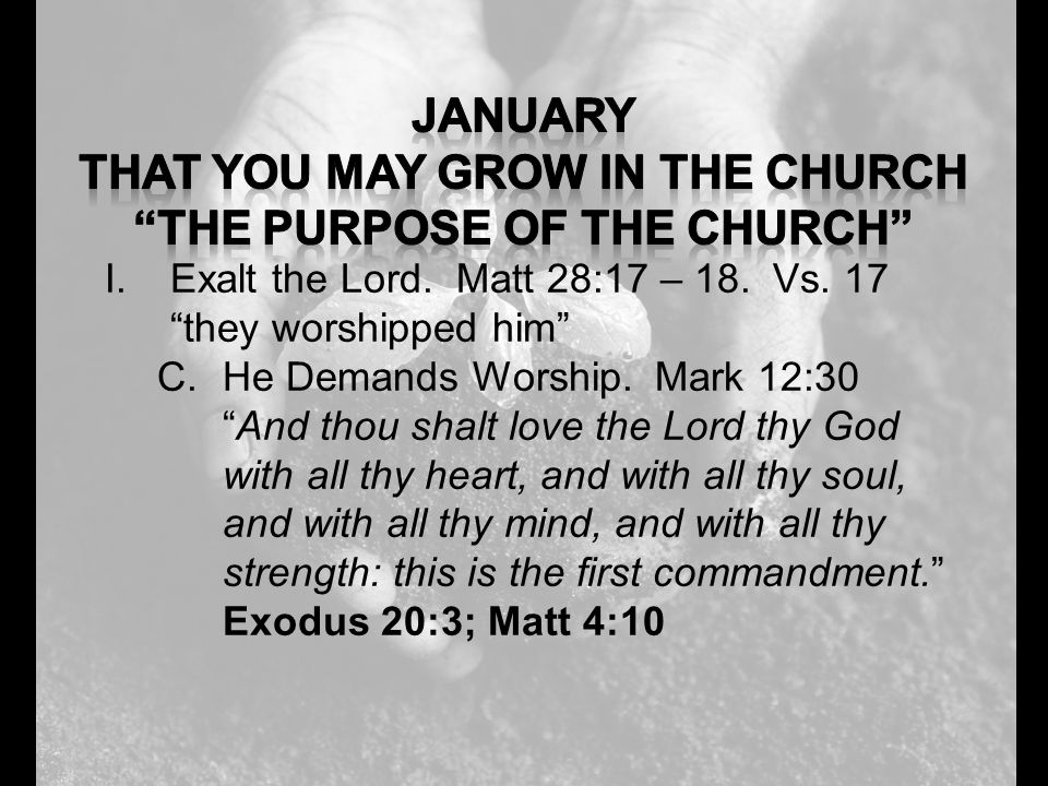 I.Exalt the Lord. Matt 28:17 – 18. Vs. 17 they worshipped him C.He Demands Worship.