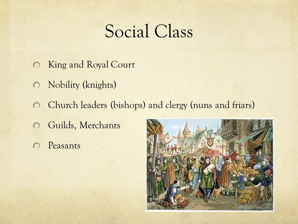 Social Class King and Royal Court Nobility (knights) Church leaders (bishops) and clergy (nuns and friars) Guilds, Merchants Peasants