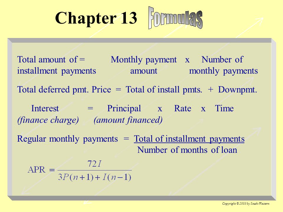 Copyright © 2003 by South-Western Chapter 13 Total amount of = Monthly payment x Number of installment payments amount monthly payments Total deferred pmt.