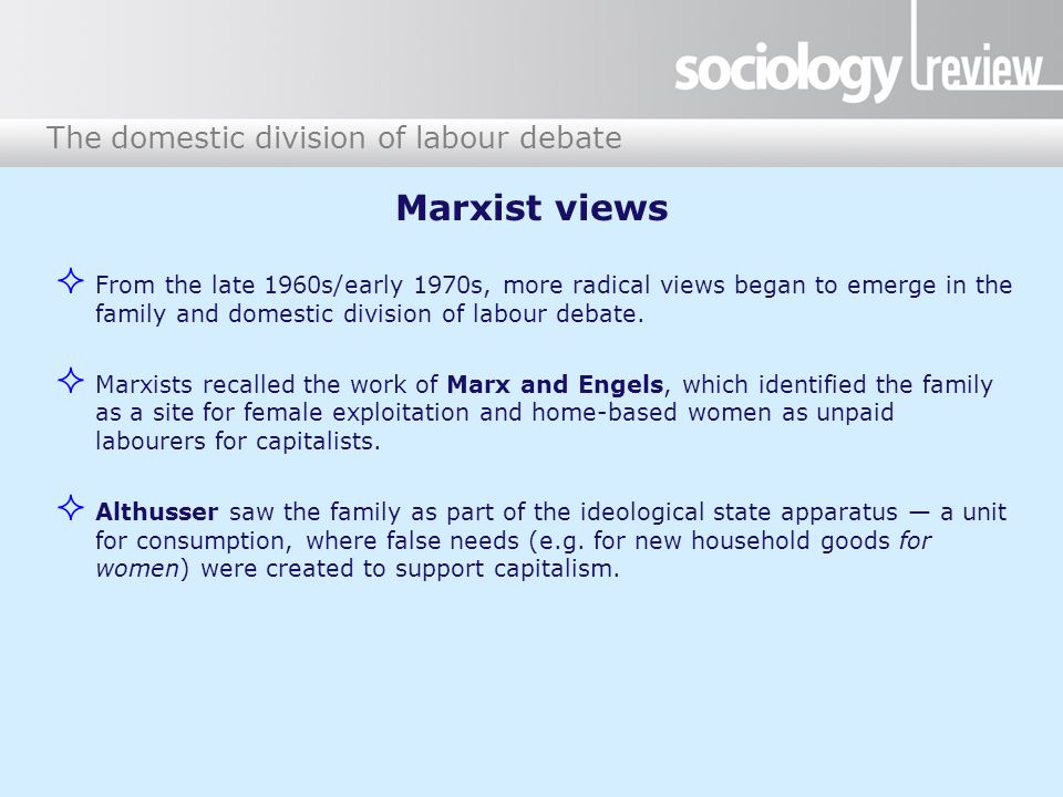 The domestic division of labour debate Marxist views  From the late 1960s/early 1970s, more radical views began to emerge in the family and domestic division of labour debate.