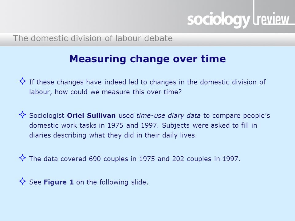 The domestic division of labour debate Measuring change over time  If these changes have indeed led to changes in the domestic division of labour, how could we measure this over time.