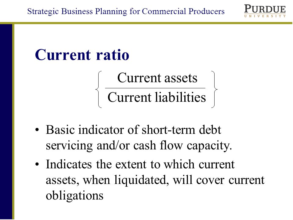 Strategic Business Planning for Commercial Producers Current ratio Basic indicator of short-term debt servicing and/or cash flow capacity.