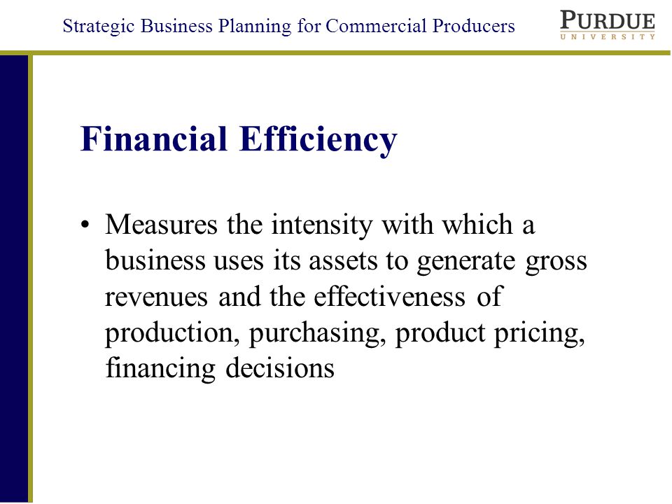 Strategic Business Planning for Commercial Producers Financial Efficiency Measures the intensity with which a business uses its assets to generate gross revenues and the effectiveness of production, purchasing, product pricing, financing decisions