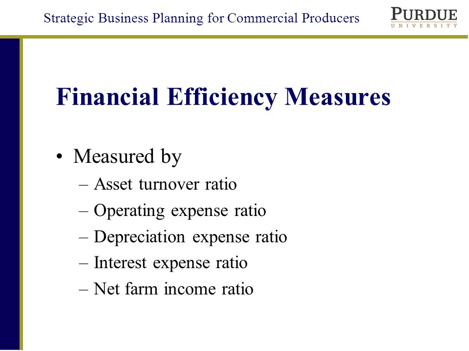 Strategic Business Planning for Commercial Producers Financial Efficiency Measures Measured by –Asset turnover ratio –Operating expense ratio –Depreciation expense ratio –Interest expense ratio –Net farm income ratio
