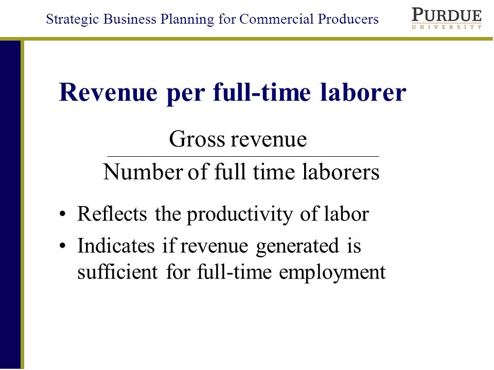 Strategic Business Planning for Commercial Producers Revenue per full-time laborer Reflects the productivity of labor Indicates if revenue generated is sufficient for full-time employment Number of full time laborers Gross revenue