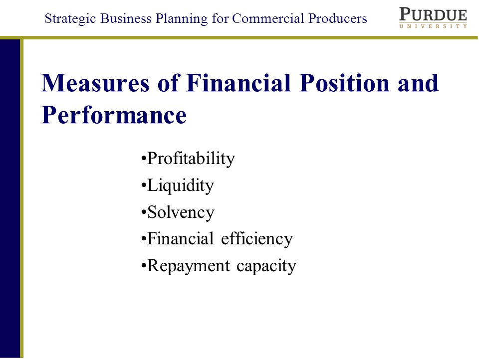 Strategic Business Planning for Commercial Producers Measures of Financial Position and Performance Profitability Liquidity Solvency Financial efficiency Repayment capacity