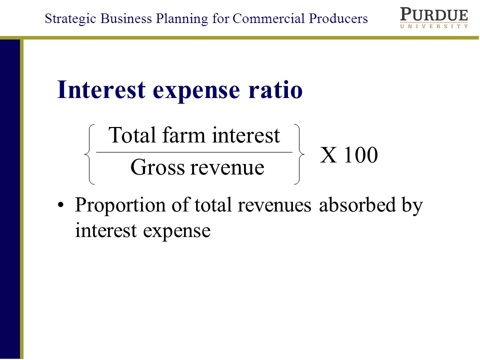 Strategic Business Planning for Commercial Producers Interest expense ratio Proportion of total revenues absorbed by interest expense Gross revenue Total farm interest X 100