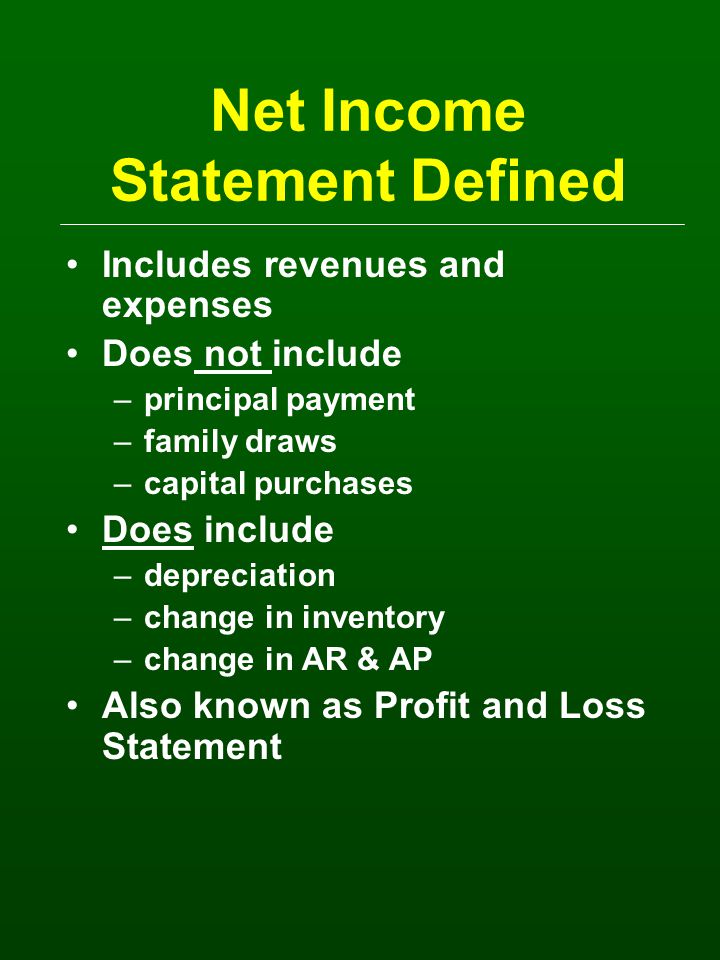 Net Income Statement Defined Includes revenues and expenses Does not include –principal payment –family draws –capital purchases Does include –depreciation –change in inventory –change in AR & AP Also known as Profit and Loss Statement