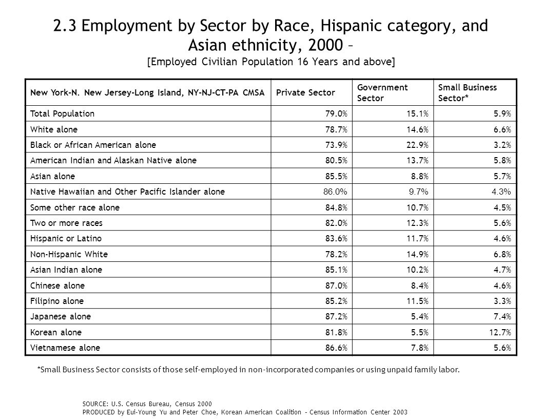 2.3 Employment by Sector by Race, Hispanic category, and Asian ethnicity, 2000 – [Employed Civilian Population 16 Years and above] New York-N.