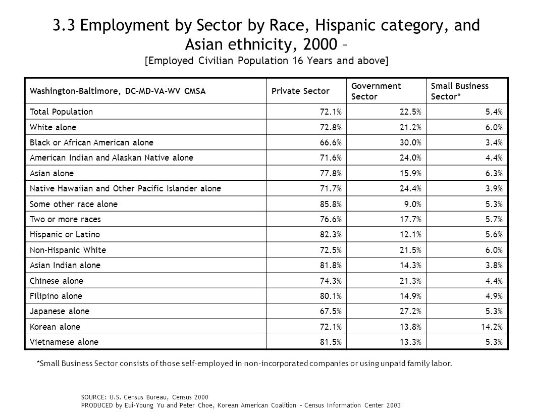 3.3 Employment by Sector by Race, Hispanic category, and Asian ethnicity, 2000 – [Employed Civilian Population 16 Years and above] Washington-Baltimore, DC-MD-VA-WV CMSAPrivate Sector Government Sector Small Business Sector* Total Population72.1%22.5%5.4% White alone72.8%21.2%6.0% Black or African American alone66.6%30.0%3.4% American Indian and Alaskan Native alone71.6%24.0%4.4% Asian alone77.8%15.9%6.3% Native Hawaiian and Other Pacific Islander alone71.7%24.4%3.9% Some other race alone85.8%9.0%5.3% Two or more races76.6%17.7%5.7% Hispanic or Latino82.3%12.1%5.6% Non-Hispanic White72.5%21.5%6.0% Asian Indian alone81.8%14.3%3.8% Chinese alone74.3%21.3%4.4% Filipino alone80.1%14.9%4.9% Japanese alone67.5%27.2%5.3% Korean alone72.1%13.8%14.2% Vietnamese alone81.5%13.3%5.3% SOURCE: U.S.