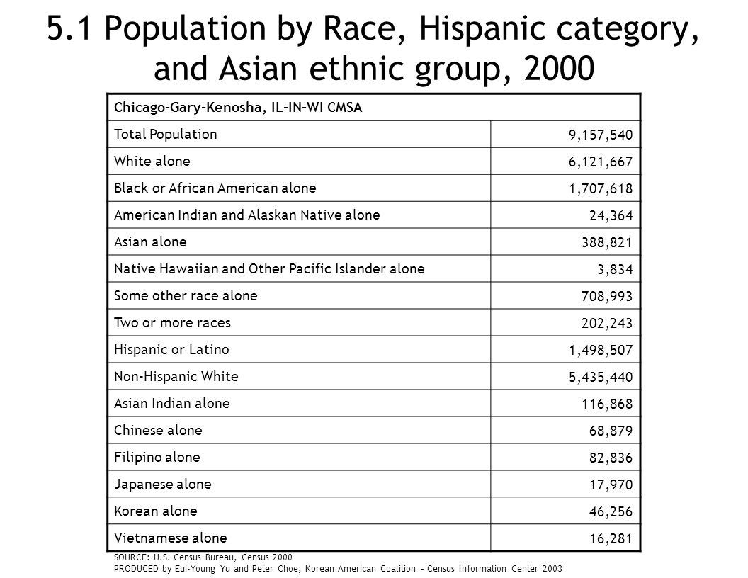 5.1 Population by Race, Hispanic category, and Asian ethnic group, 2000 Chicago-Gary-Kenosha, IL-IN-WI CMSA Total Population9,157,540 White alone6,121,667 Black or African American alone1,707,618 American Indian and Alaskan Native alone24,364 Asian alone388,821 Native Hawaiian and Other Pacific Islander alone3,834 Some other race alone708,993 Two or more races202,243 Hispanic or Latino1,498,507 Non-Hispanic White5,435,440 Asian Indian alone116,868 Chinese alone68,879 Filipino alone82,836 Japanese alone17,970 Korean alone46,256 Vietnamese alone16,281 SOURCE: U.S.