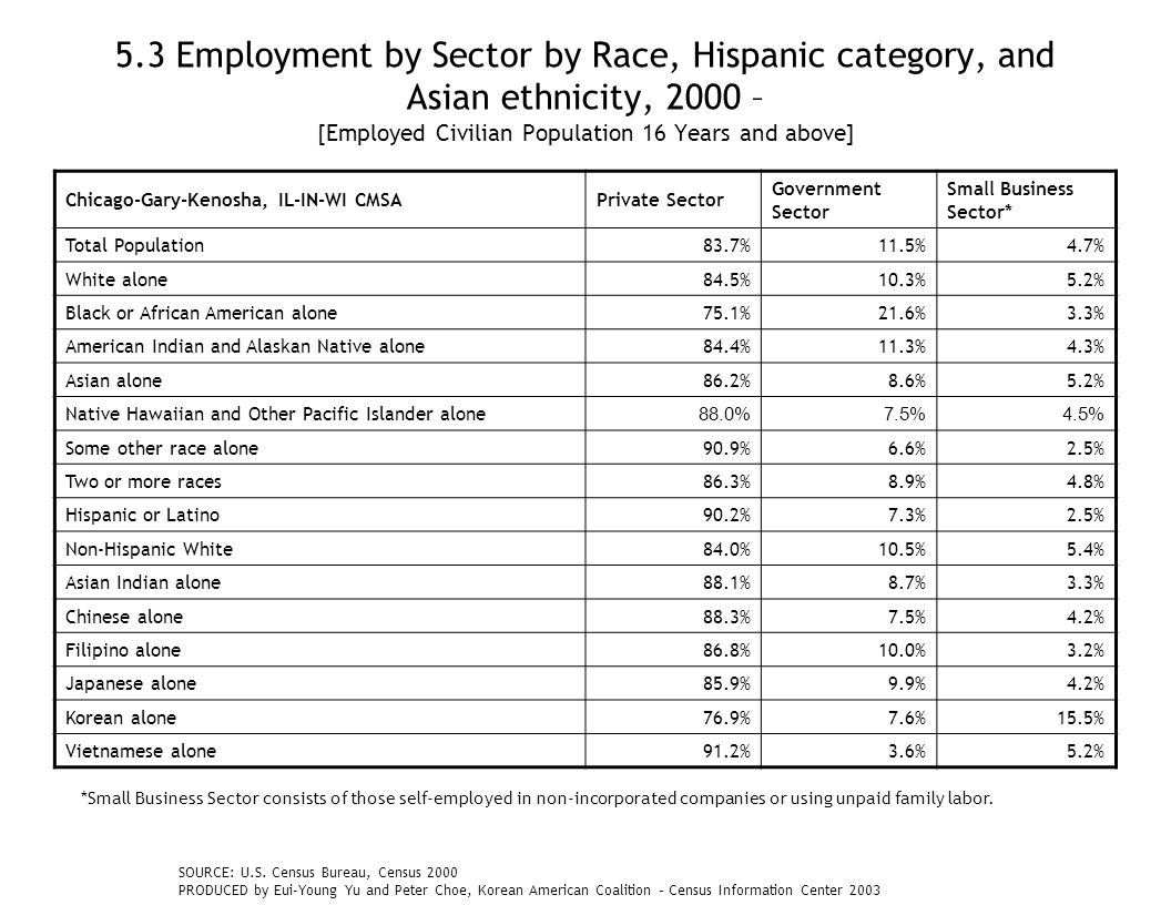 5.3 Employment by Sector by Race, Hispanic category, and Asian ethnicity, 2000 – [Employed Civilian Population 16 Years and above] Chicago-Gary-Kenosha, IL-IN-WI CMSAPrivate Sector Government Sector Small Business Sector* Total Population83.7%11.5%4.7% White alone84.5%10.3%5.2% Black or African American alone75.1%21.6%3.3% American Indian and Alaskan Native alone84.4%11.3%4.3% Asian alone86.2%8.6%5.2% Native Hawaiian and Other Pacific Islander alone 88.0%7.5%4.5% Some other race alone90.9%6.6%2.5% Two or more races86.3%8.9%4.8% Hispanic or Latino90.2%7.3%2.5% Non-Hispanic White84.0%10.5%5.4% Asian Indian alone88.1%8.7%3.3% Chinese alone88.3%7.5%4.2% Filipino alone86.8%10.0%3.2% Japanese alone85.9%9.9%4.2% Korean alone76.9%7.6%15.5% Vietnamese alone91.2%3.6%5.2% SOURCE: U.S.