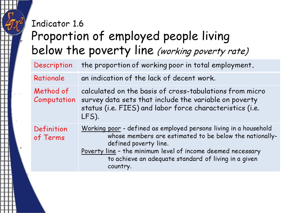 Indicator 1.6 Proportion of employed people living below the poverty line (working poverty rate) Descriptionthe proportion of working poor in total employment.