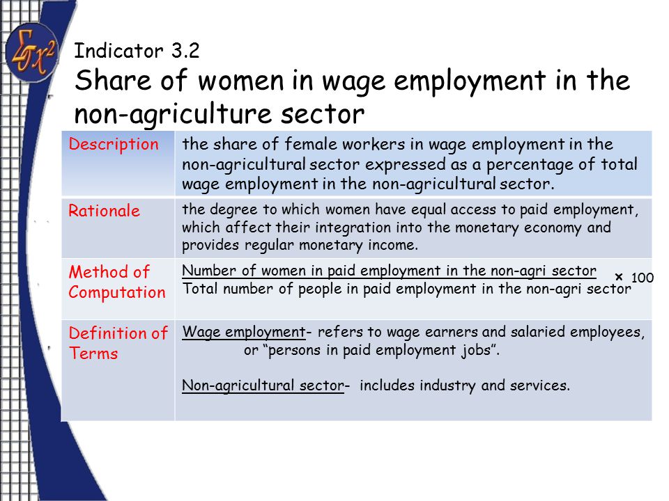 Indicator 3.2 Share of women in wage employment in the non-agriculture sector Descriptionthe share of female workers in wage employment in the non-agricultural sector expressed as a percentage of total wage employment in the non-agricultural sector.