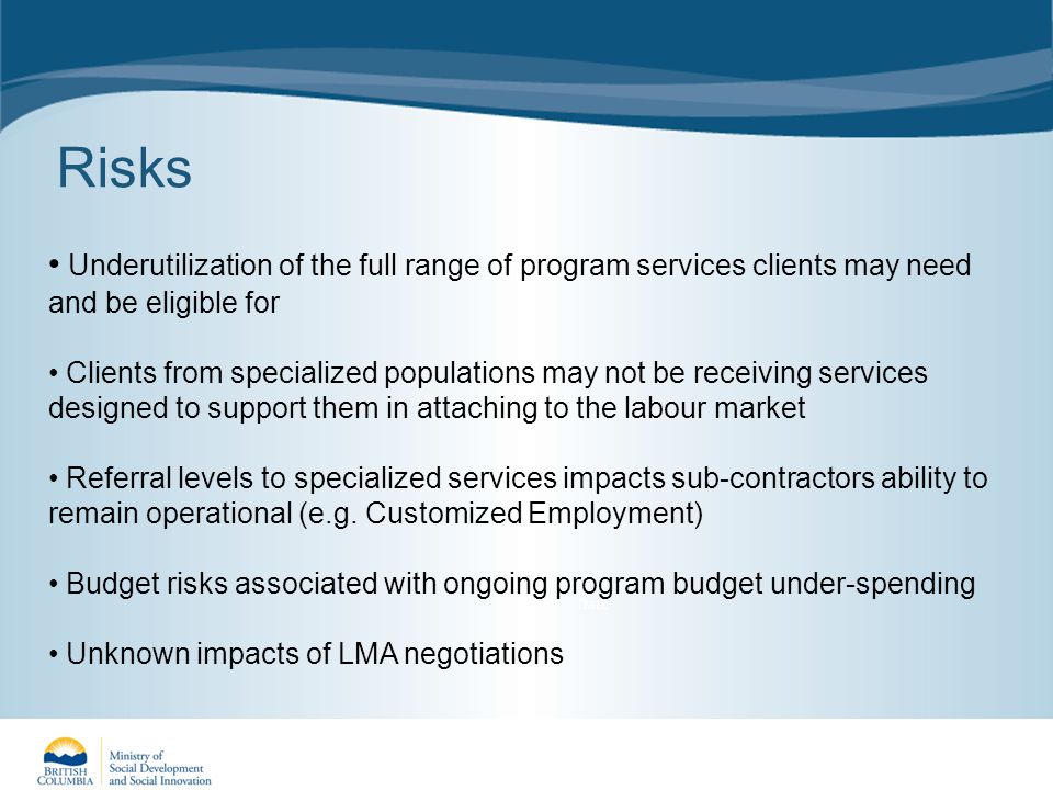 Risks Year to Date Underutilization of the full range of program services clients may need and be eligible for Clients from specialized populations may not be receiving services designed to support them in attaching to the labour market Referral levels to specialized services impacts sub-contractors ability to remain operational (e.g.