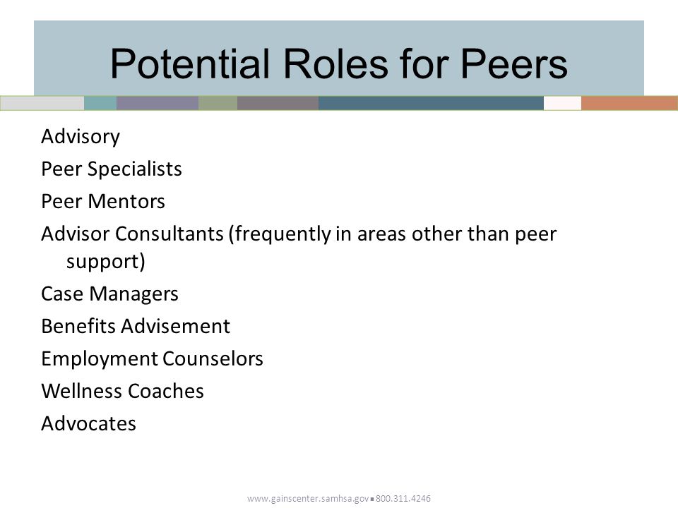 Potential Roles for Peers Advisory Peer Specialists Peer Mentors Advisor Consultants (frequently in areas other than peer support) Case Managers Benefits Advisement Employment Counselors Wellness Coaches Advocates