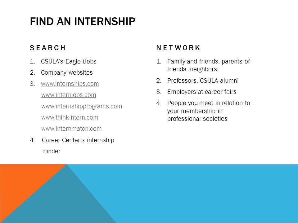 FIND AN INTERNSHIP SEARCH 1.CSULA’s Eagle iJobs 2.Company websites
