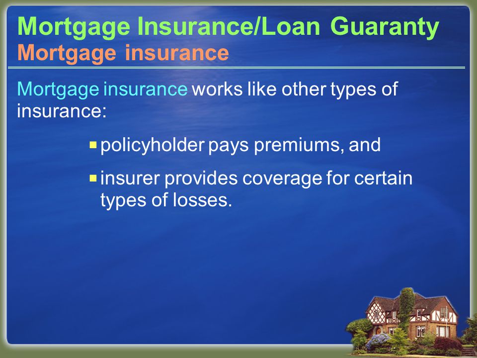 Mortgage Insurance/Loan Guaranty Mortgage insurance works like other types of insurance:  policyholder pays premiums, and  insurer provides coverage for certain types of losses.