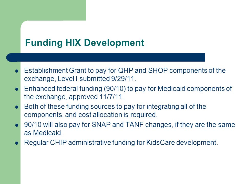 Funding HIX Development Establishment Grant to pay for QHP and SHOP components of the exchange, Level I submitted 9/29/11.