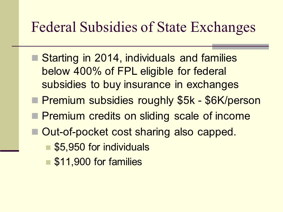 Federal Subsidies of State Exchanges Starting in 2014, individuals and families below 400% of FPL eligible for federal subsidies to buy insurance in exchanges Premium subsidies roughly $5k - $6K/person Premium credits on sliding scale of income Out-of-pocket cost sharing also capped.