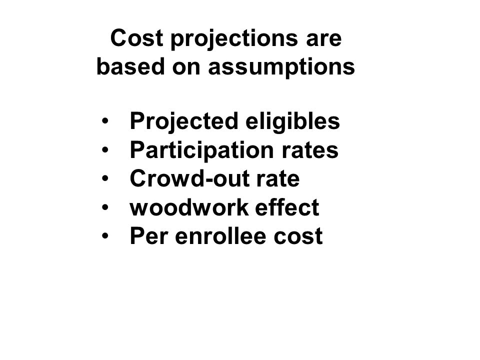 Cost projections are based on assumptions Projected eligibles Participation rates Crowd-out rate woodwork effect Per enrollee cost