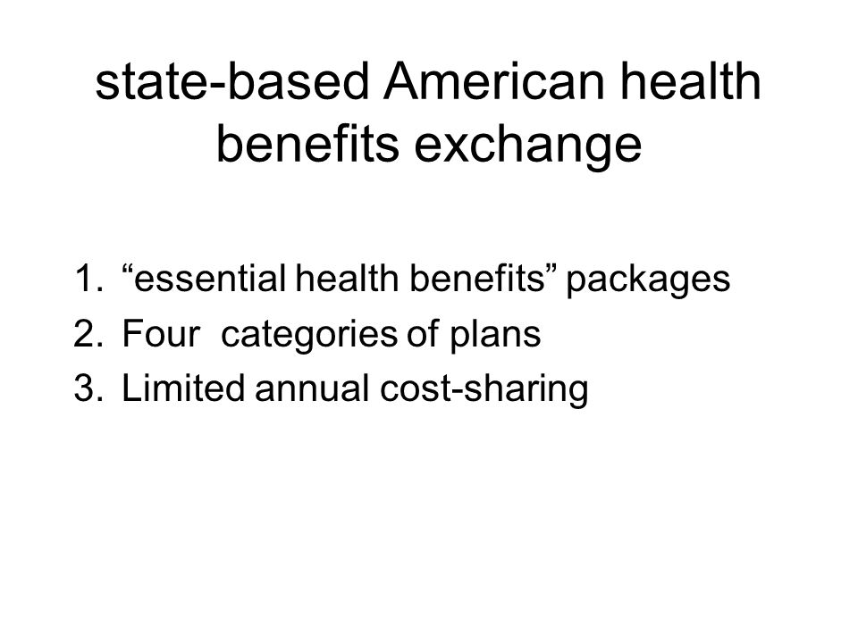 state-based American health benefits exchange 1. essential health benefits packages 2.Four categories of plans 3.Limited annual cost-sharing