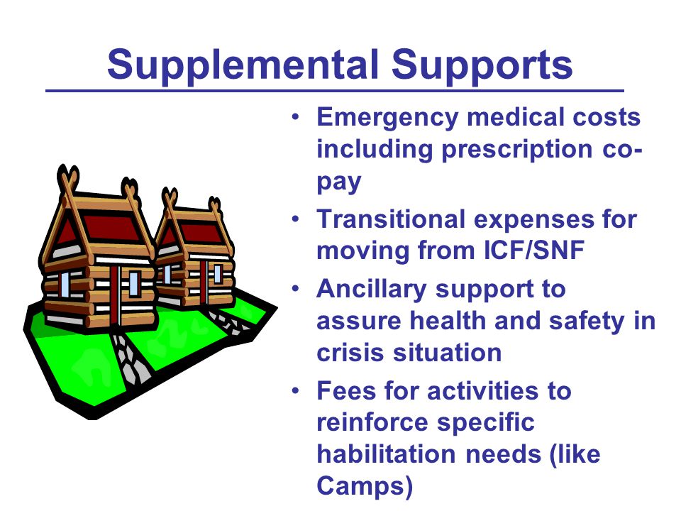 Supplemental Supports Emergency medical costs including prescription co- pay Transitional expenses for moving from ICF/SNF Ancillary support to assure health and safety in crisis situation Fees for activities to reinforce specific habilitation needs (like Camps)