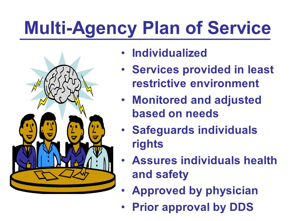 Multi-Agency Plan of Service Individualized Services provided in least restrictive environment Monitored and adjusted based on needs Safeguards individuals rights Assures individuals health and safety Approved by physician Prior approval by DDS