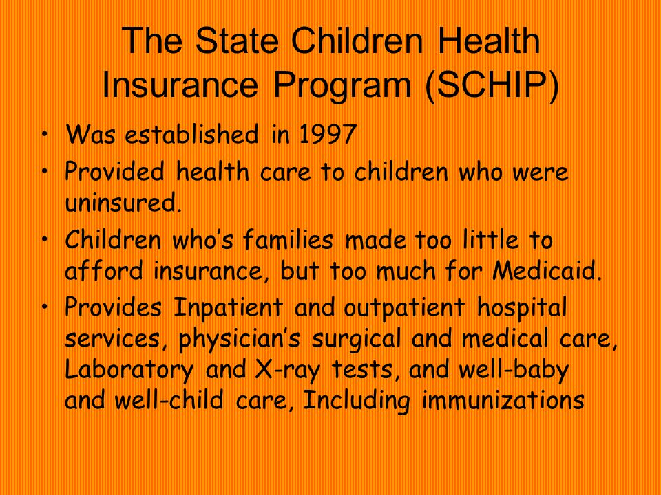The State Children Health Insurance Program (SCHIP) Was established in 1997 Provided health care to children who were uninsured.