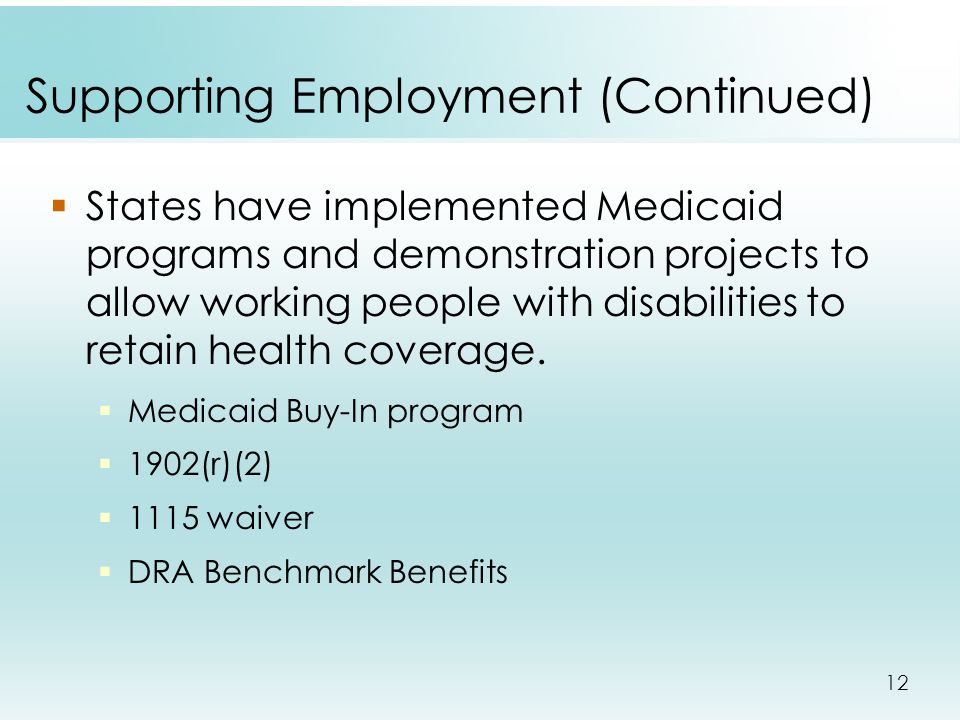 12 Supporting Employment (Continued)  States have implemented Medicaid programs and demonstration projects to allow working people with disabilities to retain health coverage.