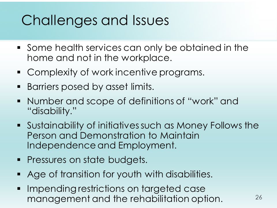 26 Challenges and Issues  Some health services can only be obtained in the home and not in the workplace.