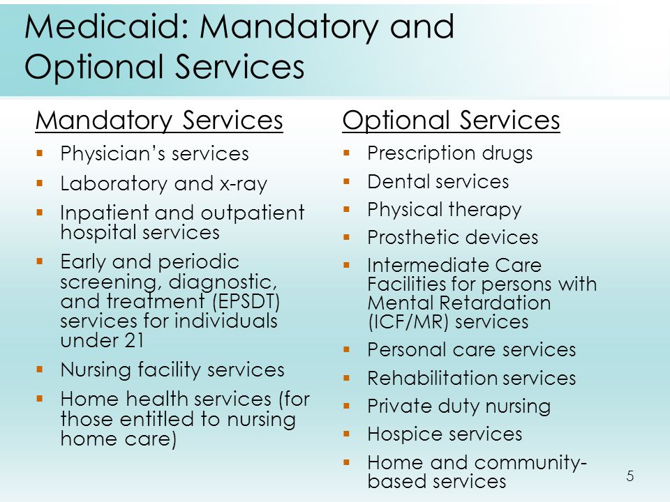 5 Medicaid: Mandatory and Optional Services Mandatory Services  Physician’s services  Laboratory and x-ray  Inpatient and outpatient hospital services  Early and periodic screening, diagnostic, and treatment (EPSDT) services for individuals under 21  Nursing facility services  Home health services (for those entitled to nursing home care) Optional Services  Prescription drugs  Dental services  Physical therapy  Prosthetic devices  Intermediate Care Facilities for persons with Mental Retardation (ICF/MR) services  Personal care services  Rehabilitation services  Private duty nursing  Hospice services  Home and community- based services