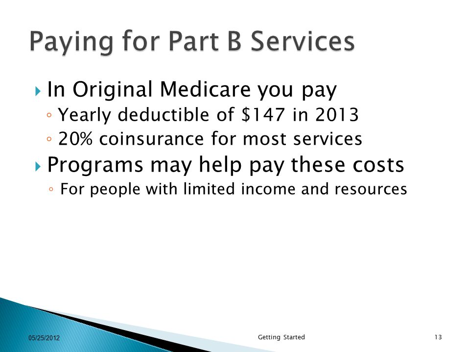  In Original Medicare you pay ◦ Yearly deductible of $147 in 2013 ◦ 20% coinsurance for most services  Programs may help pay these costs ◦ For people with limited income and resources 05/25/2012 Getting Started13