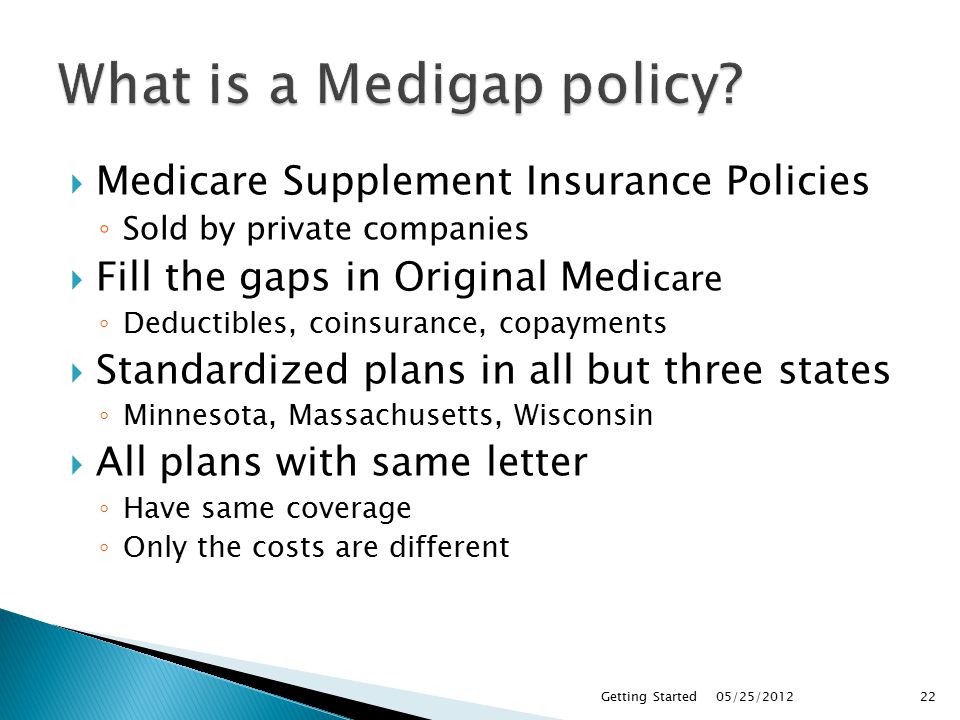  Medicare Supplement Insurance Policies ◦ Sold by private companies  Fill the gaps in Original Medi care ◦ Deductibles, coinsurance, copayments  Standardized plans in all but three states ◦ Minnesota, Massachusetts, Wisconsin  All plans with same letter ◦ Have same coverage ◦ Only the costs are different 05/25/2012Getting Started22