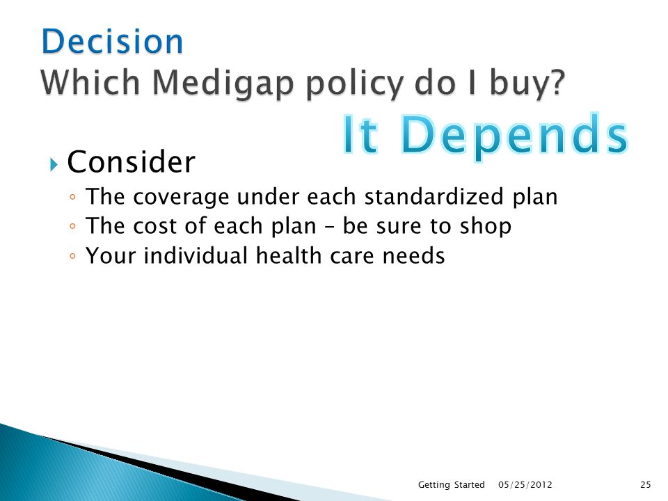  Consider ◦ The coverage under each standardized plan ◦ The cost of each plan – be sure to shop ◦ Your individual health care needs 05/25/2012Getting Started25