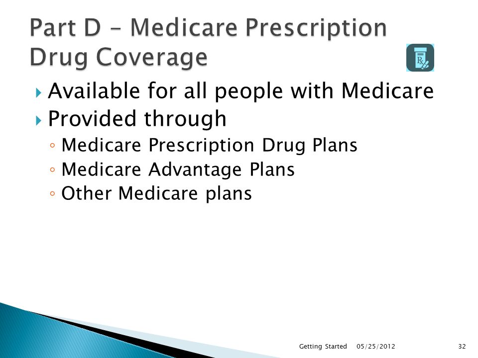  Available for all people with Medicare  Provided through ◦ Medicare Prescription Drug Plans ◦ Medicare Advantage Plans ◦ Other Medicare plans 05/25/2012Getting Started32