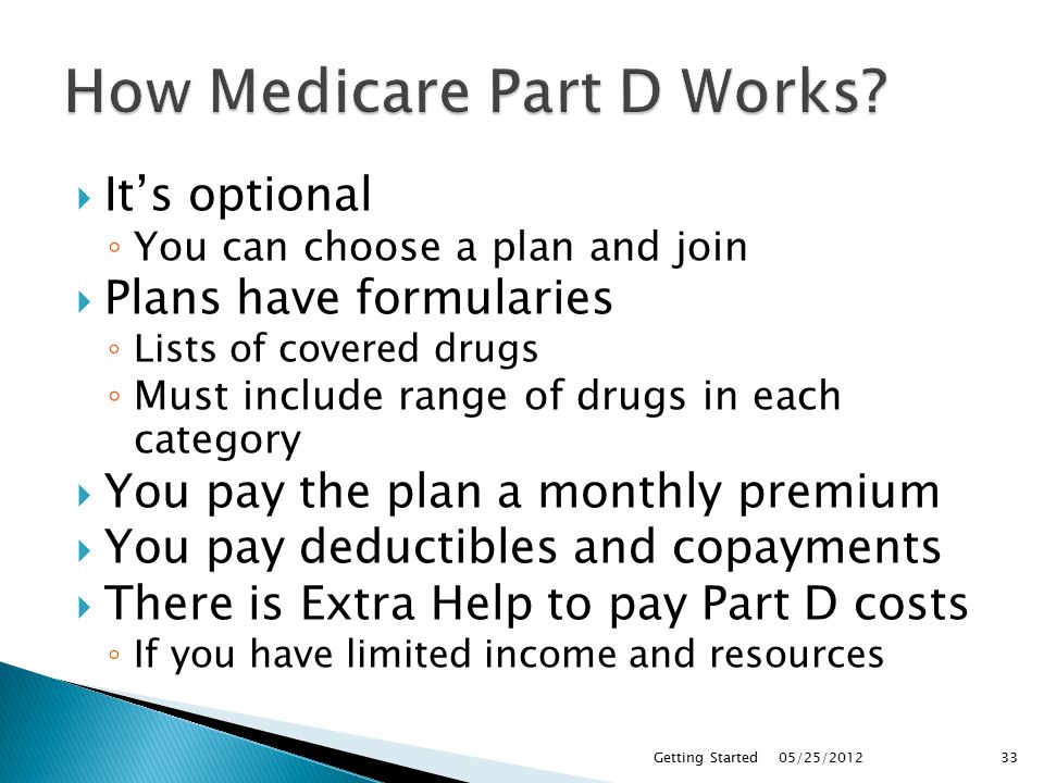  It’s optional ◦ You can choose a plan and join  Plans have formularies ◦ Lists of covered drugs ◦ Must include range of drugs in each category  You pay the plan a monthly premium  You pay deductibles and copayments  There is Extra Help to pay Part D costs ◦ If you have limited income and resources 05/25/2012Getting Started33