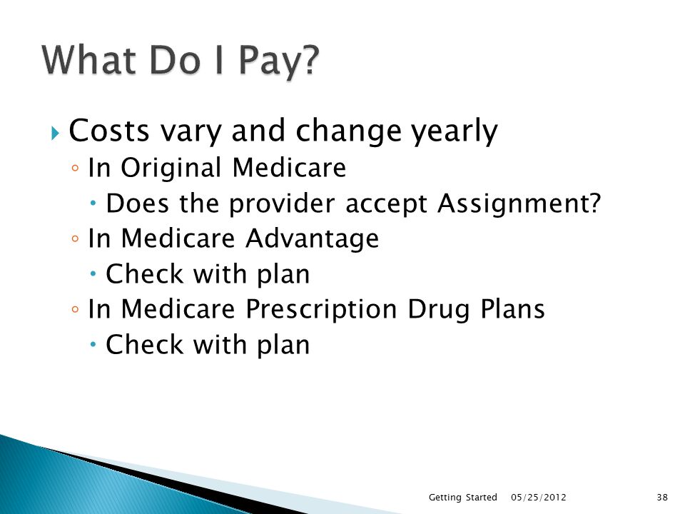  Costs vary and change yearly ◦ In Original Medicare  Does the provider accept Assignment.