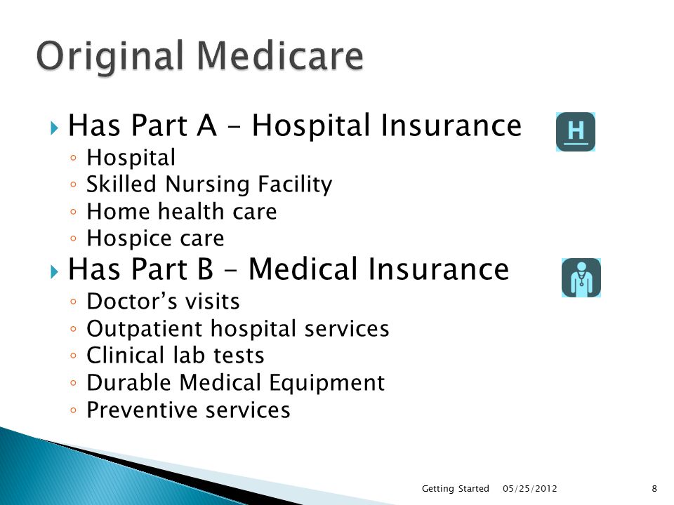  Has Part A – Hospital Insurance ◦ Hospital ◦ Skilled Nursing Facility ◦ Home health care ◦ Hospice care  Has Part B – Medical Insurance ◦ Doctor’s visits ◦ Outpatient hospital services ◦ Clinical lab tests ◦ Durable Medical Equipment ◦ Preventive services 05/25/2012Getting Started8