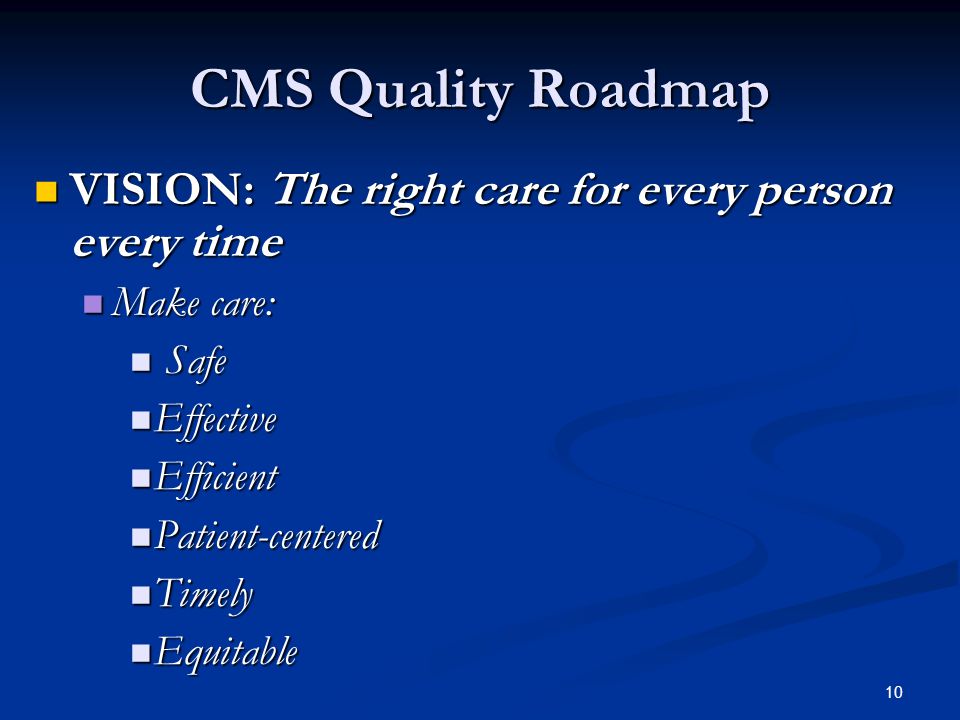 10 CMS Quality Roadmap VISION: The right care for every person every time VISION: The right care for every person every time Make care: Make care: Safe Safe Effective Effective Efficient Efficient Patient-centered Patient-centered Timely Timely Equitable Equitable
