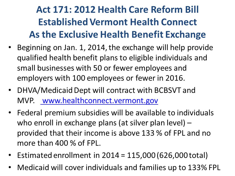 Act 171: 2012 Health Care Reform Bill Established Vermont Health Connect As the Exclusive Health Benefit Exchange Beginning on Jan.