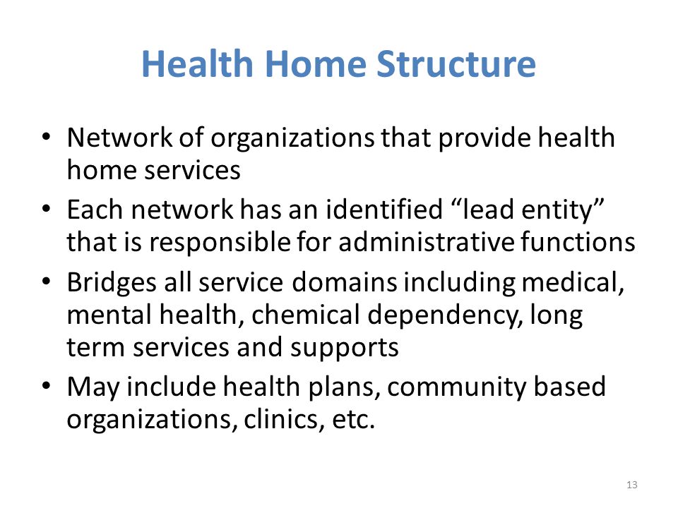 Health Home Structure Network of organizations that provide health home services Each network has an identified lead entity that is responsible for administrative functions Bridges all service domains including medical, mental health, chemical dependency, long term services and supports May include health plans, community based organizations, clinics, etc.