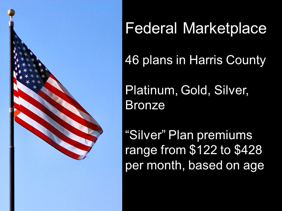 Federal Marketplace 46 plans in Harris County Platinum, Gold, Silver, Bronze Silver Plan premiums range from $122 to $428 per month, based on age