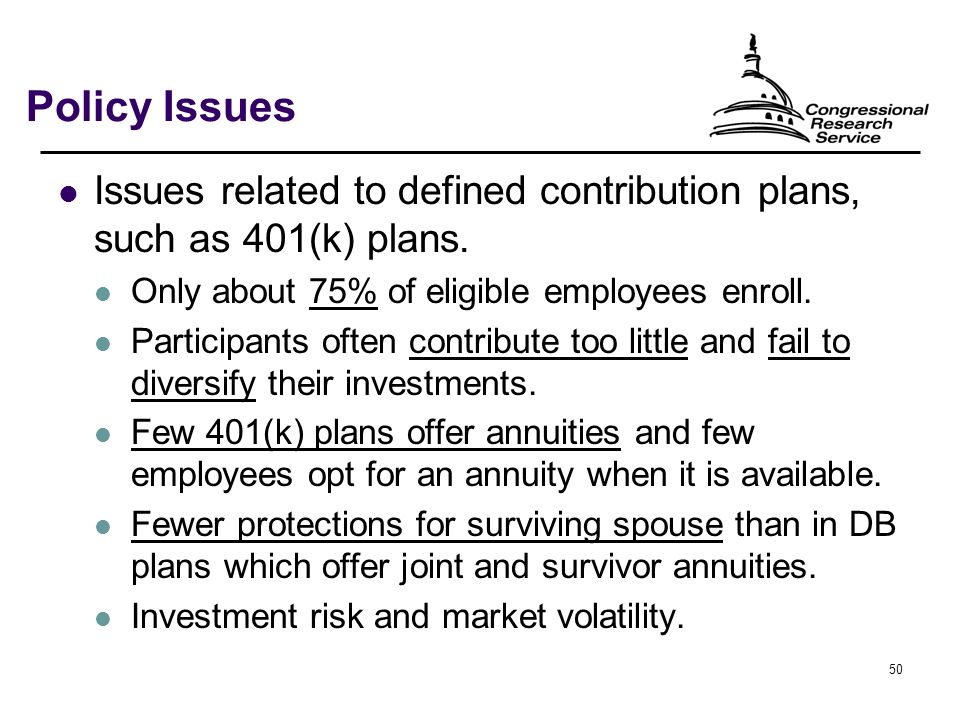 50 Policy Issues Issues related to defined contribution plans, such as 401(k) plans.