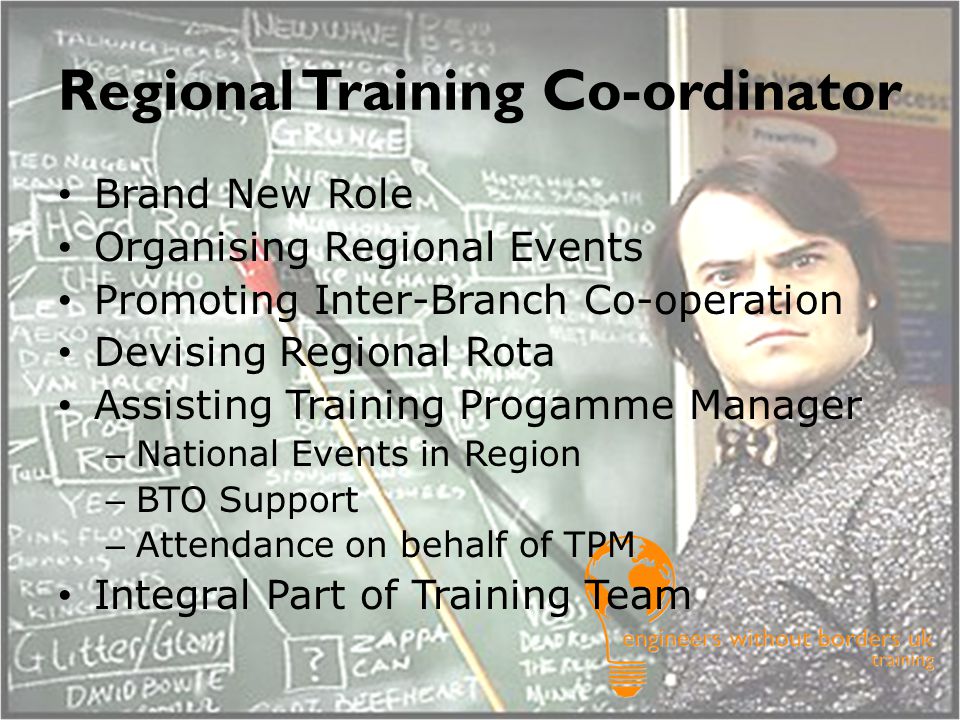 Regional Training Co-ordinator Brand New Role Organising Regional Events Promoting Inter-Branch Co-operation Devising Regional Rota Assisting Training Progamme Manager – National Events in Region – BTO Support – Attendance on behalf of TPM Integral Part of Training Team