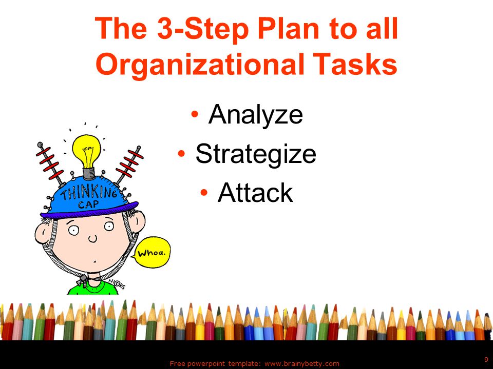 Free powerpoint template:   9 The 3-Step Plan to all Organizational Tasks Analyze Strategize Attack