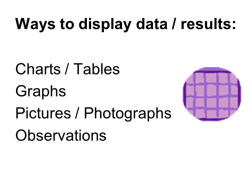 Ways to display data / results: Charts / Tables Graphs Pictures / Photographs Observations